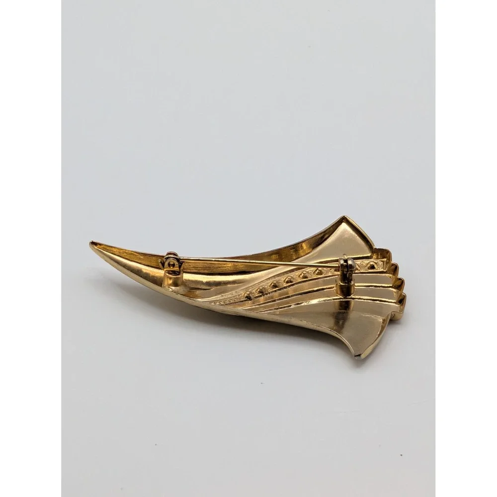 Vintage Gold Tone Rhinestone Sailboat Brooch Pin Abstract Modernist‎ Nautical